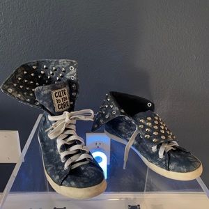 Cute To The Core Blue Denim Studded Foldable High Top Sneakers